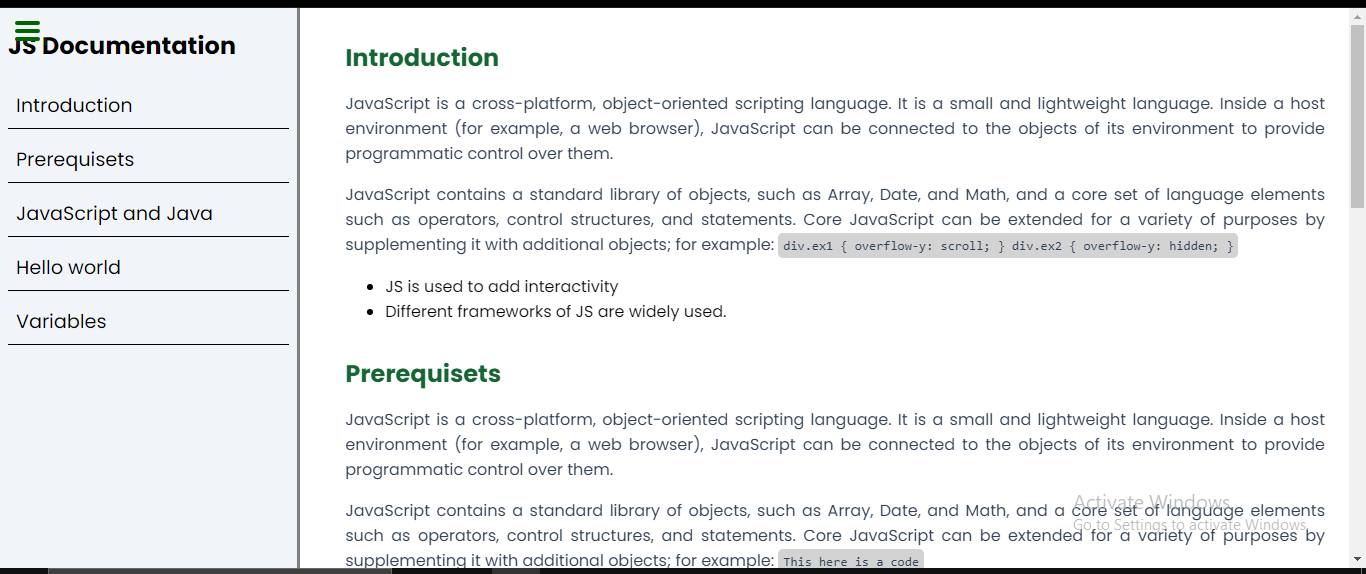 screenshot of my Technical Documentation page project
